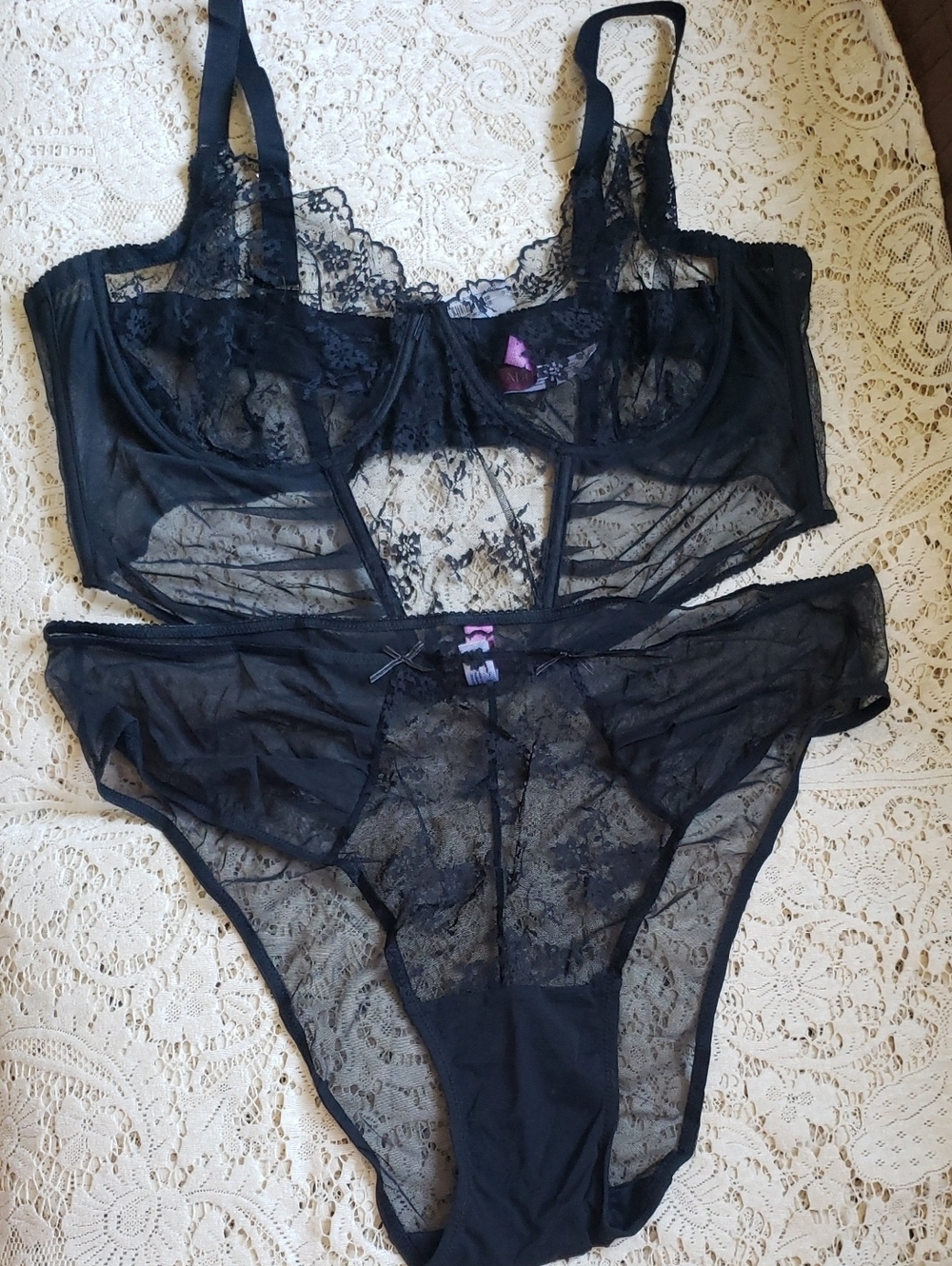 Adore Me Sheer Lace Black Bra With Wire & Bikini Set - Women's Intimates 46DD